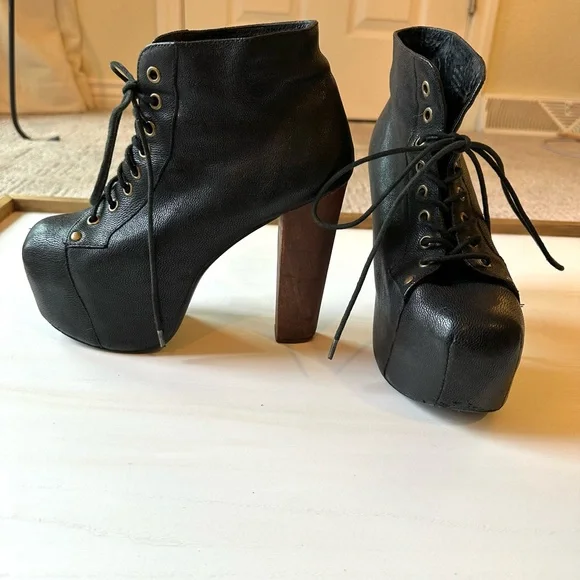 Jeffrey Campbell Black Leather Lace-Up Platform Ankle Boots with Wood Block Heel - Picture 5 of 12